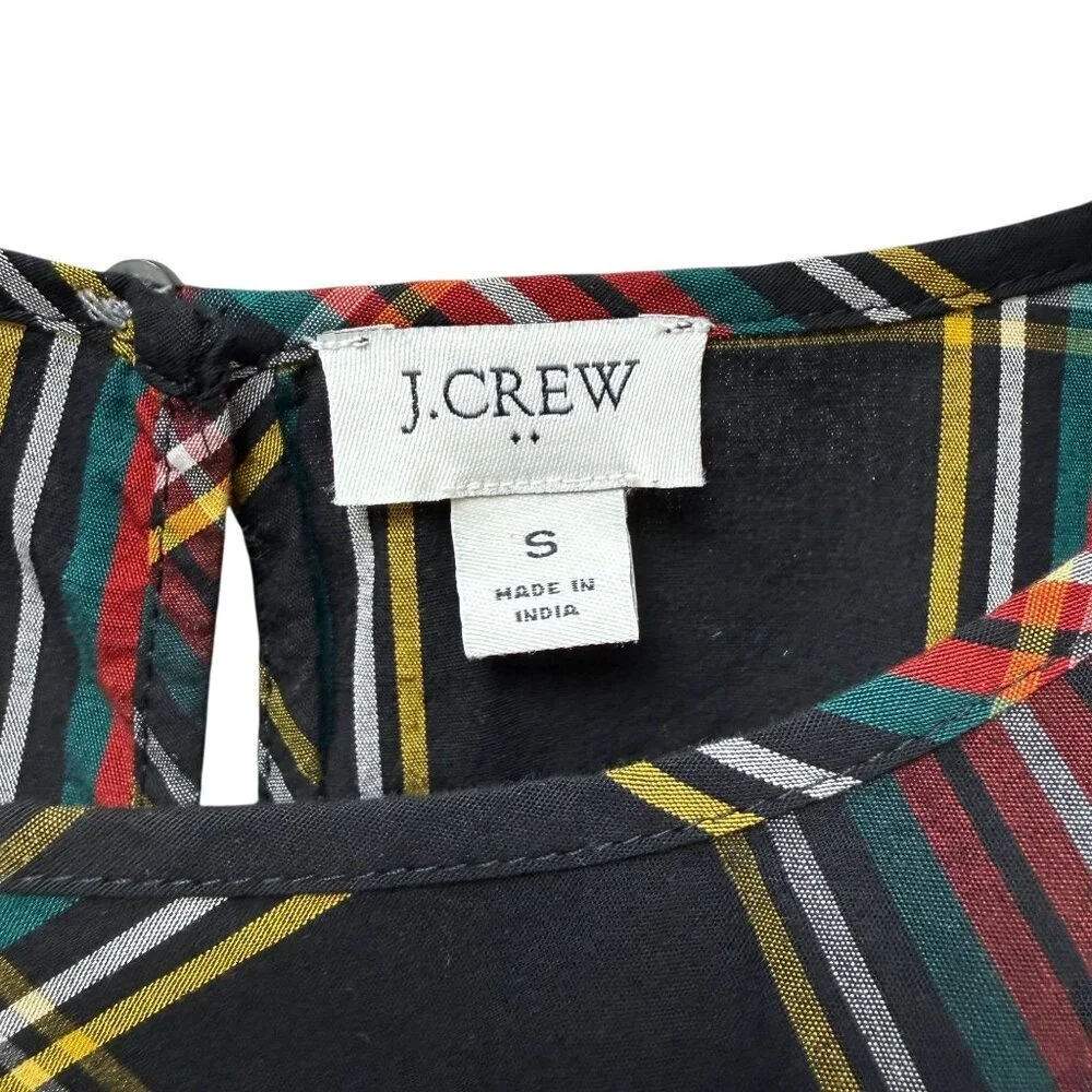 J CREW Plaid Blouse Small Black Red Puff Sleeve Preppy Womens Top Organic Cotton